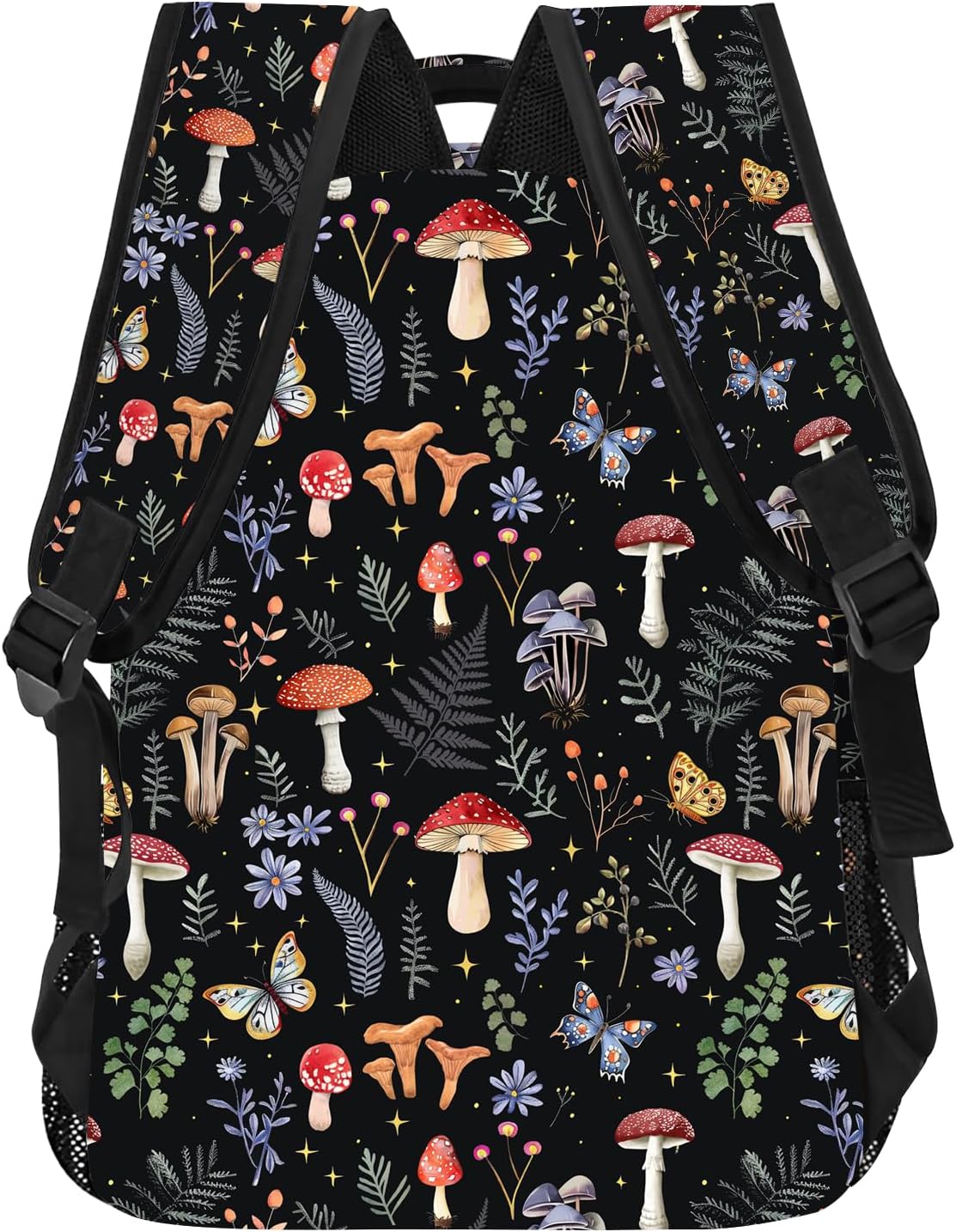 Mushroom Backpack for Girls Women, Vintage Forest Mushroom with Leaf Floral Flowers Butterfly Backpack for Kids, 16.5 inch Laptop Backpacks Bookbags for School Travel, Balck Starry Stars - Image 3