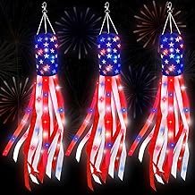 3 Pack 70 Inch Large American Flag Windsock with Lights 4th of July Decorations, 250th Anniversary USA Patriotic Fourth of July Outdoor Decor, Red White Blue Star Stripes Memorial Day Independence Day