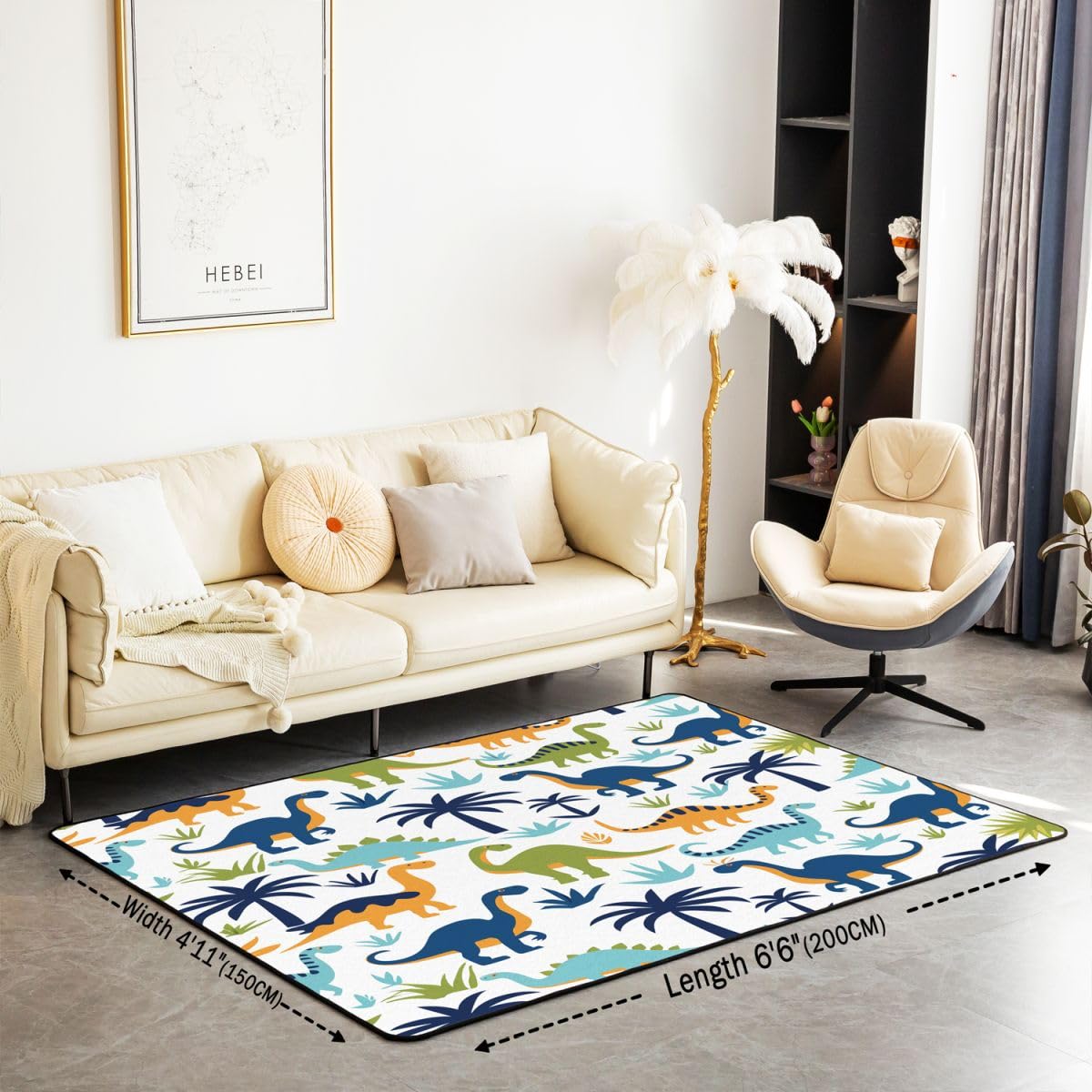 Cartoon Dinosaurier Wohnzimmer Teppich 100x150cm Blauer Kokosbaum Grün Gras Drucken Schlafzimmerbereich Teppich für Kinder Teens Niedliches Tier- und Pflanzenmuster Indoor Matte Heimdekor