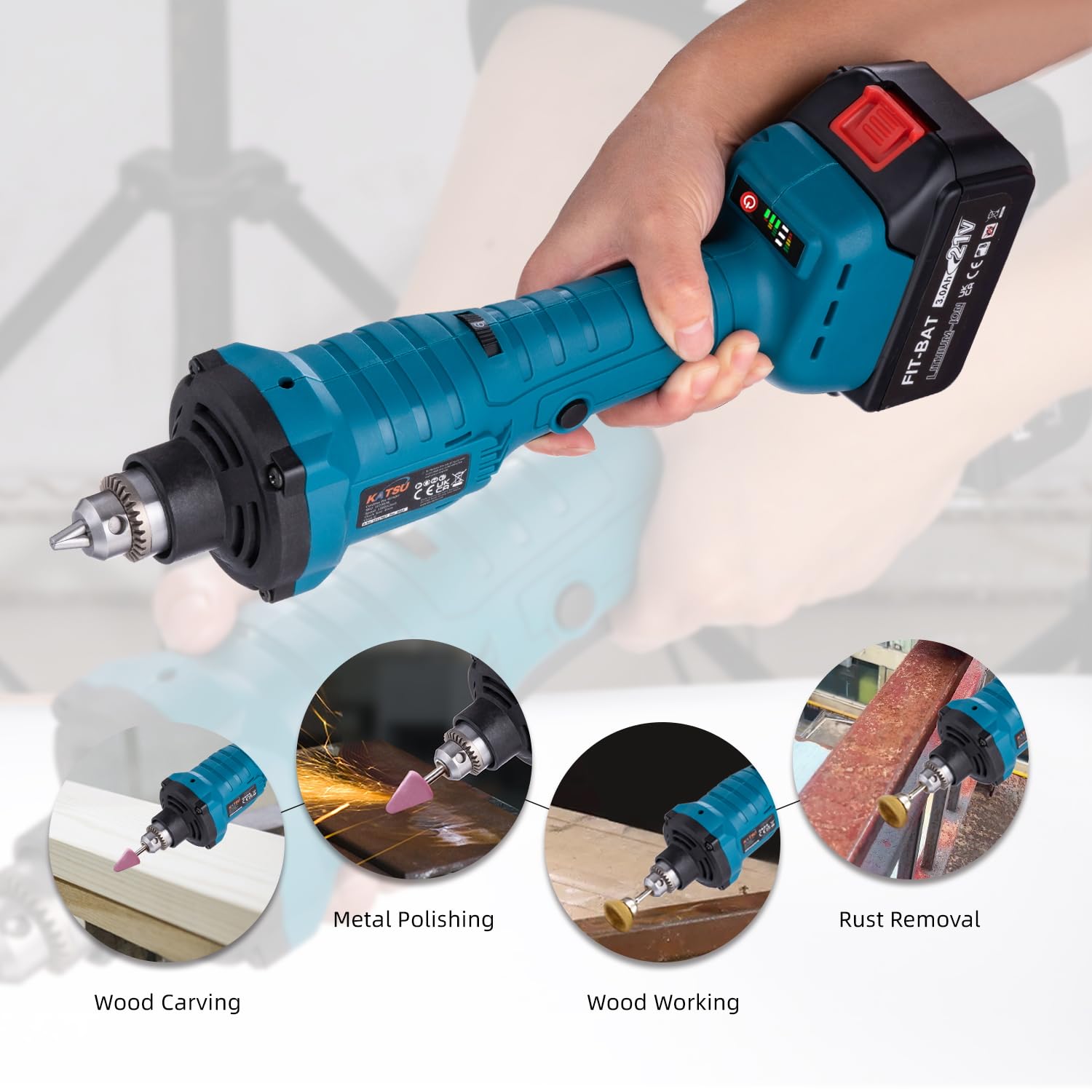 KATSU FIT-BAT 21V Meuleuse Droite sans Fil Brushless Moteur sans Balais avec 3,0 Ah Batterie et Chargeur, Mandrin de 6 mm et 6 Vitesses Variables, dans la Boîte