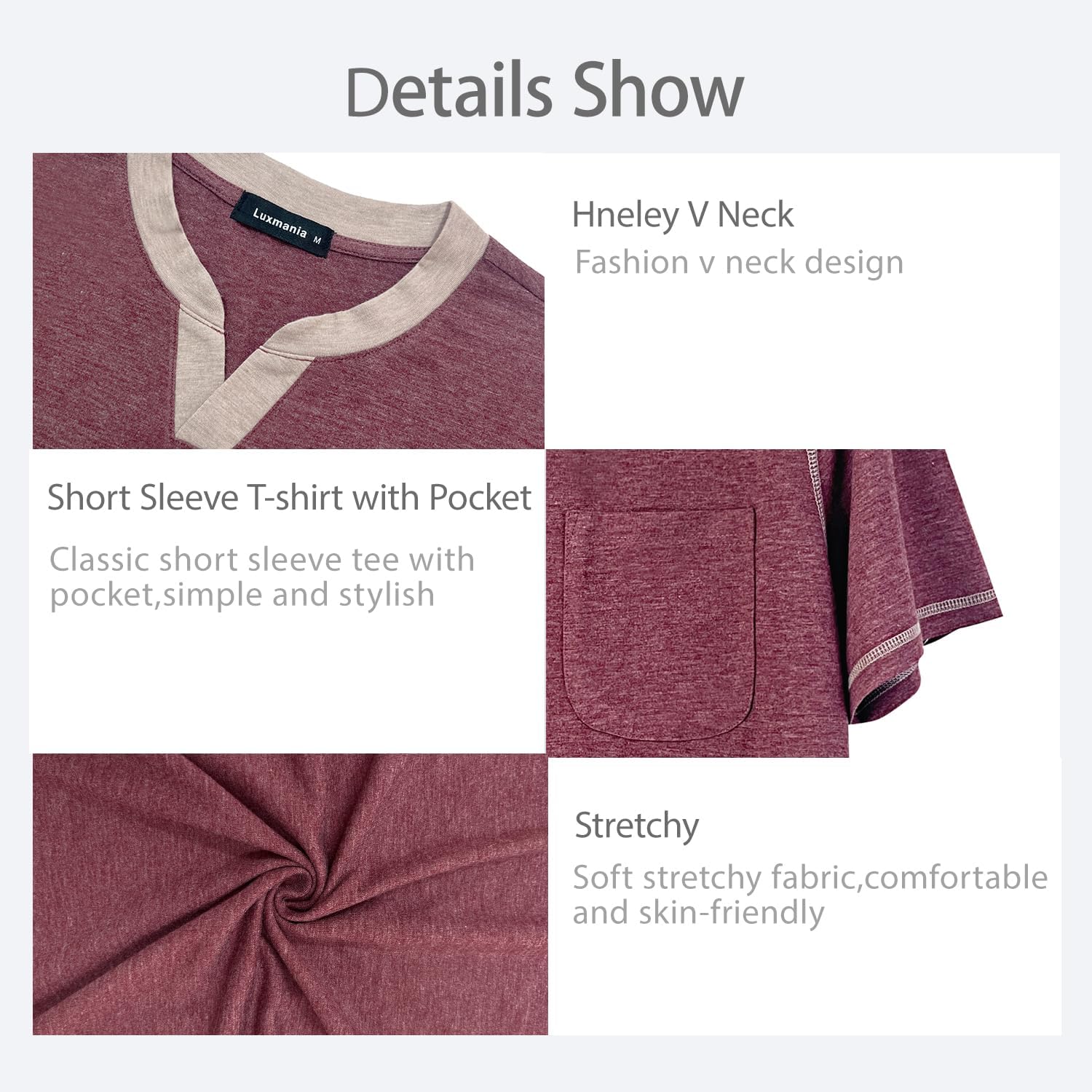 Men's Casual Henley Shirt Short Sleeve Summer V Neck Solid T-Shirt Tops Whith Pocket - Image 5