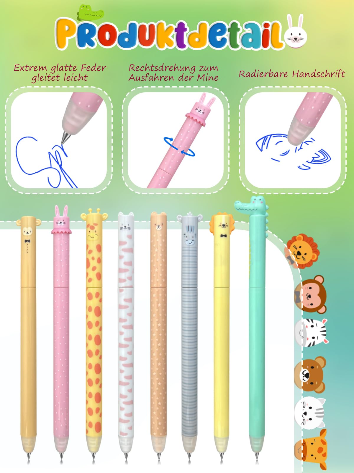 Lot De 4 Stylos Gel Effaçables Chat Kawaii - Encre Bleue - Gomme Intégrée - Couleurs Pastel