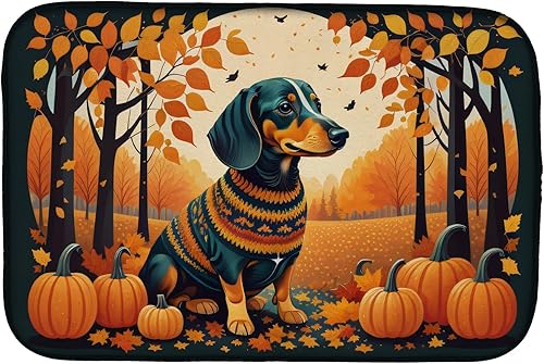 Caroline's Treasures DAC1042DDM Tapete de secado de platos de otoño con perro salchicha absorbente para secar platos para encimera de cocina, tapete