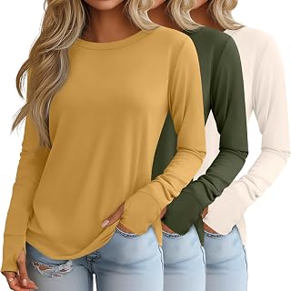 Huukeay 3-Pack Womens Long Sleeve Cotton Shirts with Thumb Holes