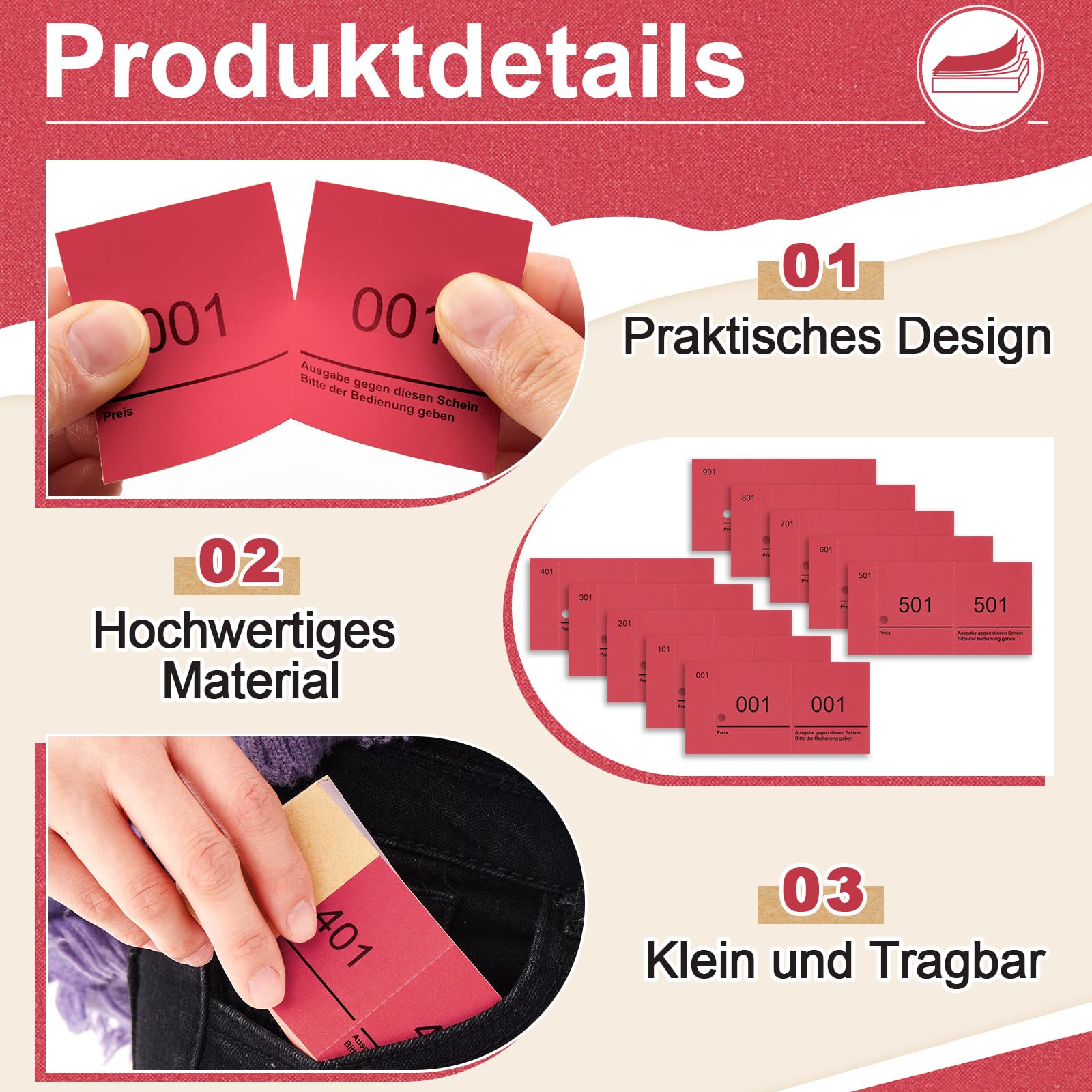 Nezyo Doppelnummern Blöcke 1-1000 Nummernblöcke Lose Nummeriert Garderobenmarken Großpackung Zahlenblöcke für Garderobe Events Party Messen, 10 x 5 cm(Rot)