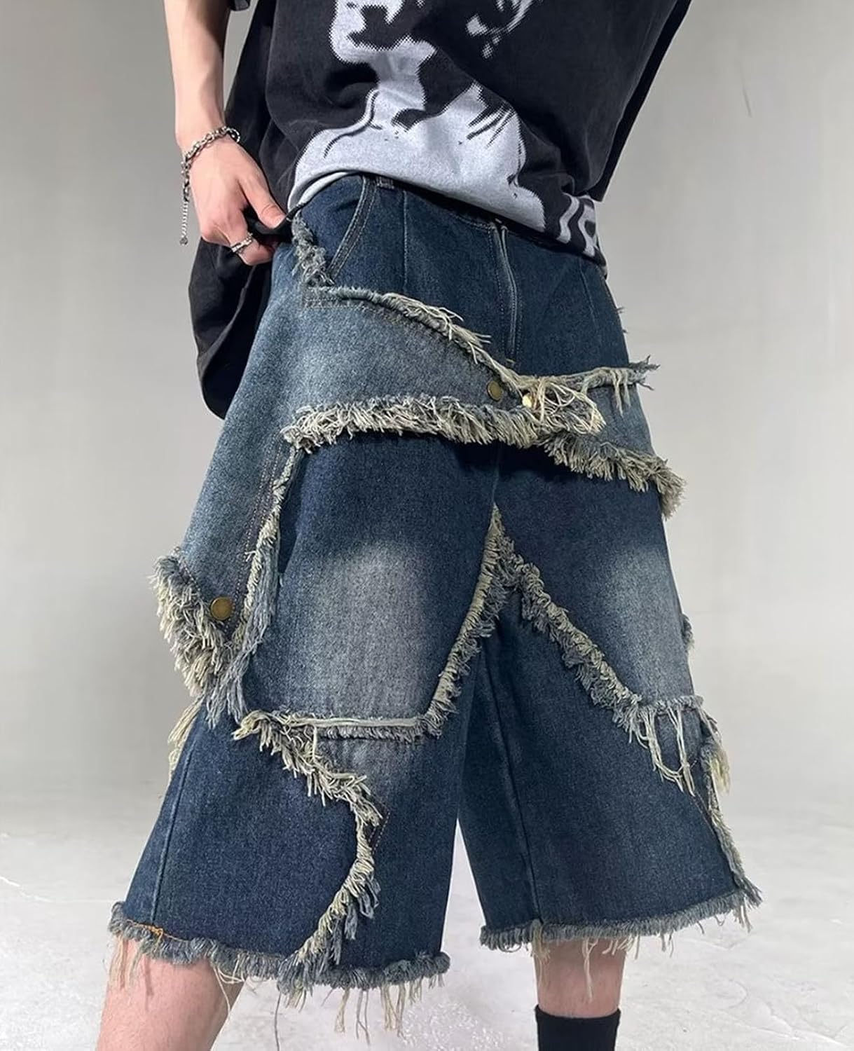 Baggy Jorts Women Men Star Patchwork High Waisted Wide Leg Jeans Shorts Gothic Streetwear Summer Clothes
