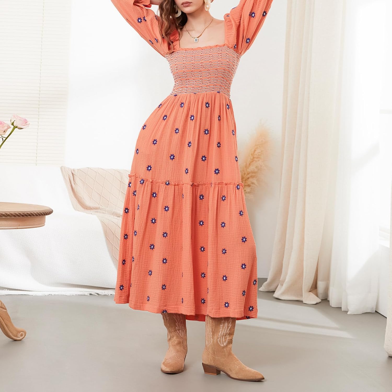 Women's Boho Floral Embroidered Maxi Dress Square Neck Smocked Long Puff Sleeve A Line Tiered Long Dress