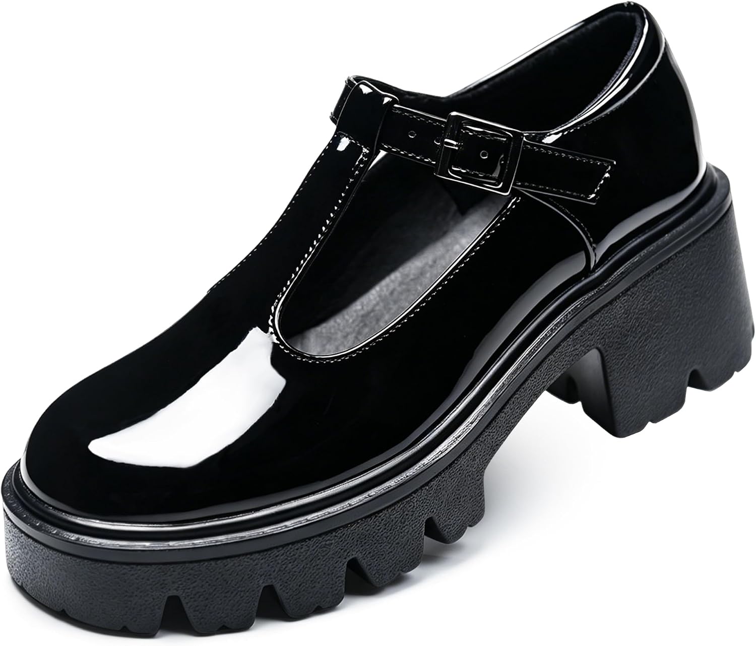 Black T-Strap Mary Jane Shoes for Women, Round Toe Block Heel Platform Patent Leather Dress Pumps