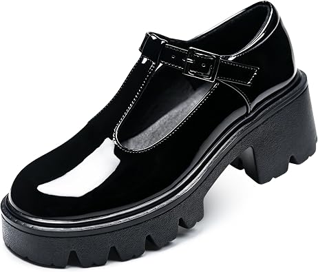 Black T-Strap Mary Jane Shoes for Women, Round Toe Block Heel Platform Patent Leather Dress Pumps
