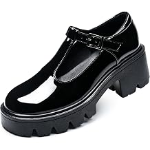 Black T-Strap Mary Jane Shoes for Women, Round Toe Block Heel Platform Patent Leather Dress Pumps