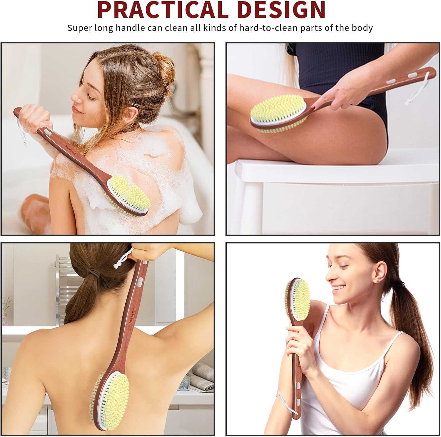 Metene Shower Brush with Upgrade 17-inch Rosewood Handle, Double-Sided Body Brush with Stiff and Soft Natural Bristles for Wet or Dry Brushing, Back Scrubber for Gentle Exfoliating and Clean Easily : Everything Else