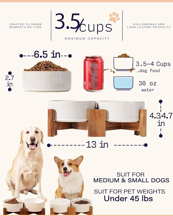 Getstar Ceramic Dog Bowls Set with Acacia Wood Stand, 3.5 Cups Pet Bowls Set of 2 for Medium Dogs, Cute Dog Raised Food Bowl, Cat Bowls