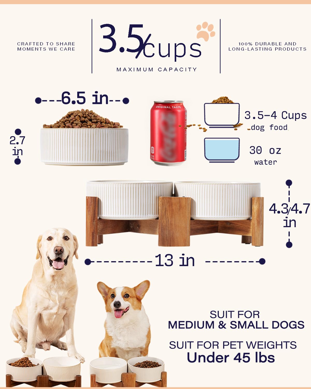 Getstar Cuencos de cerámica para perros con soporte de madera de acacia, 30 onzas líquidas, juego de 2, cuencos de comida para perros y gatos (6.5 pulgadas)