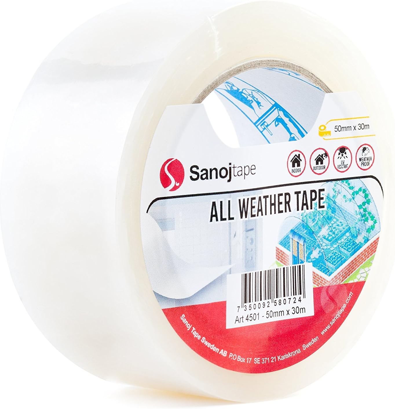 Sanojtape 50mm x 30m Clear All Weather Repair Tape | UV Resistant Acrylic Tape | Perfect for Greenhouse Repair, Temporary Window Repair