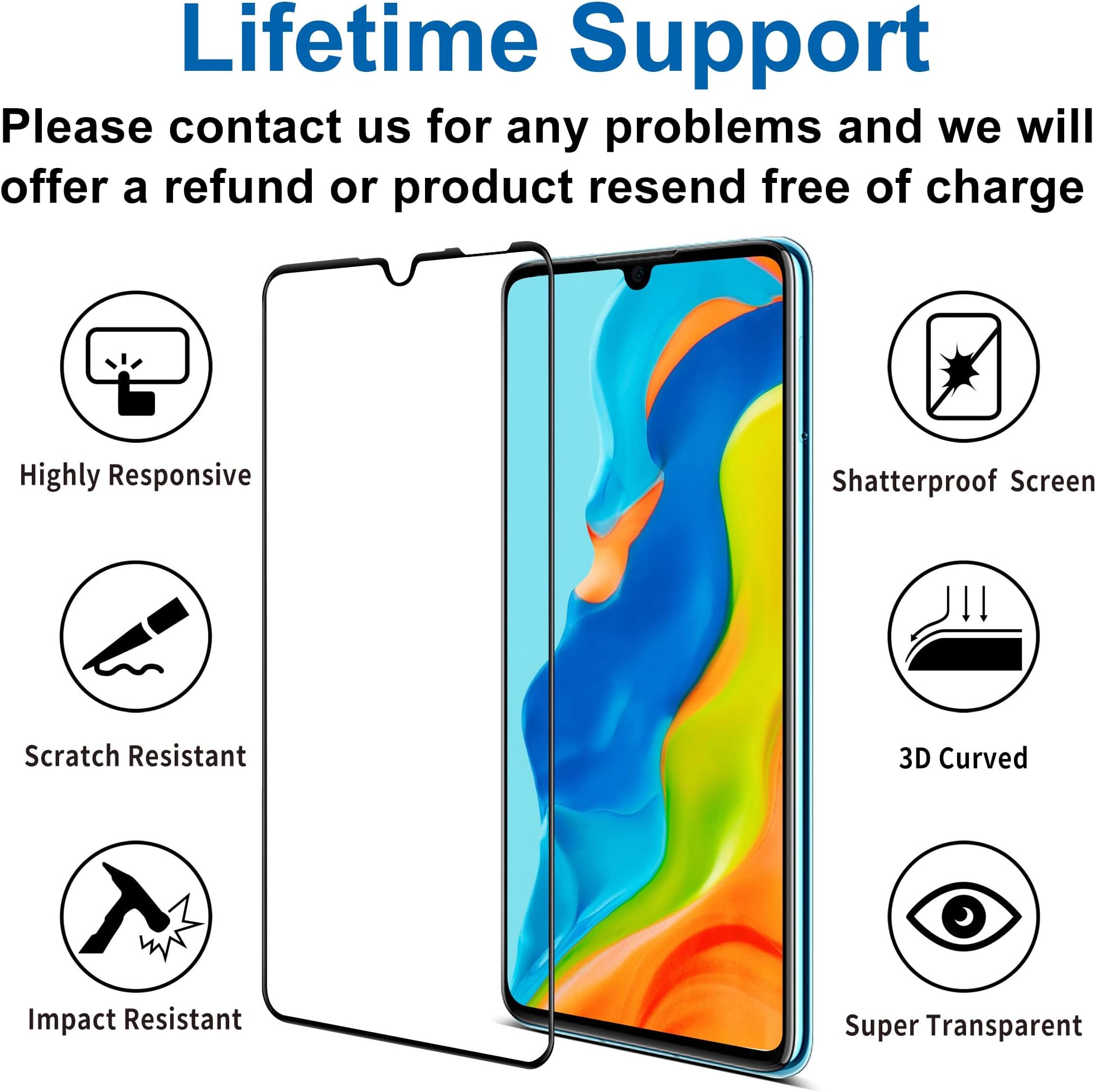 4youquality [3-Pack[Full Coverage] Screen Protector for Huawei P30 Lite, Tempered Glass Film [Full-Coverage][LifetimeSupport][Anti-Scratch][Anti-Shatter]