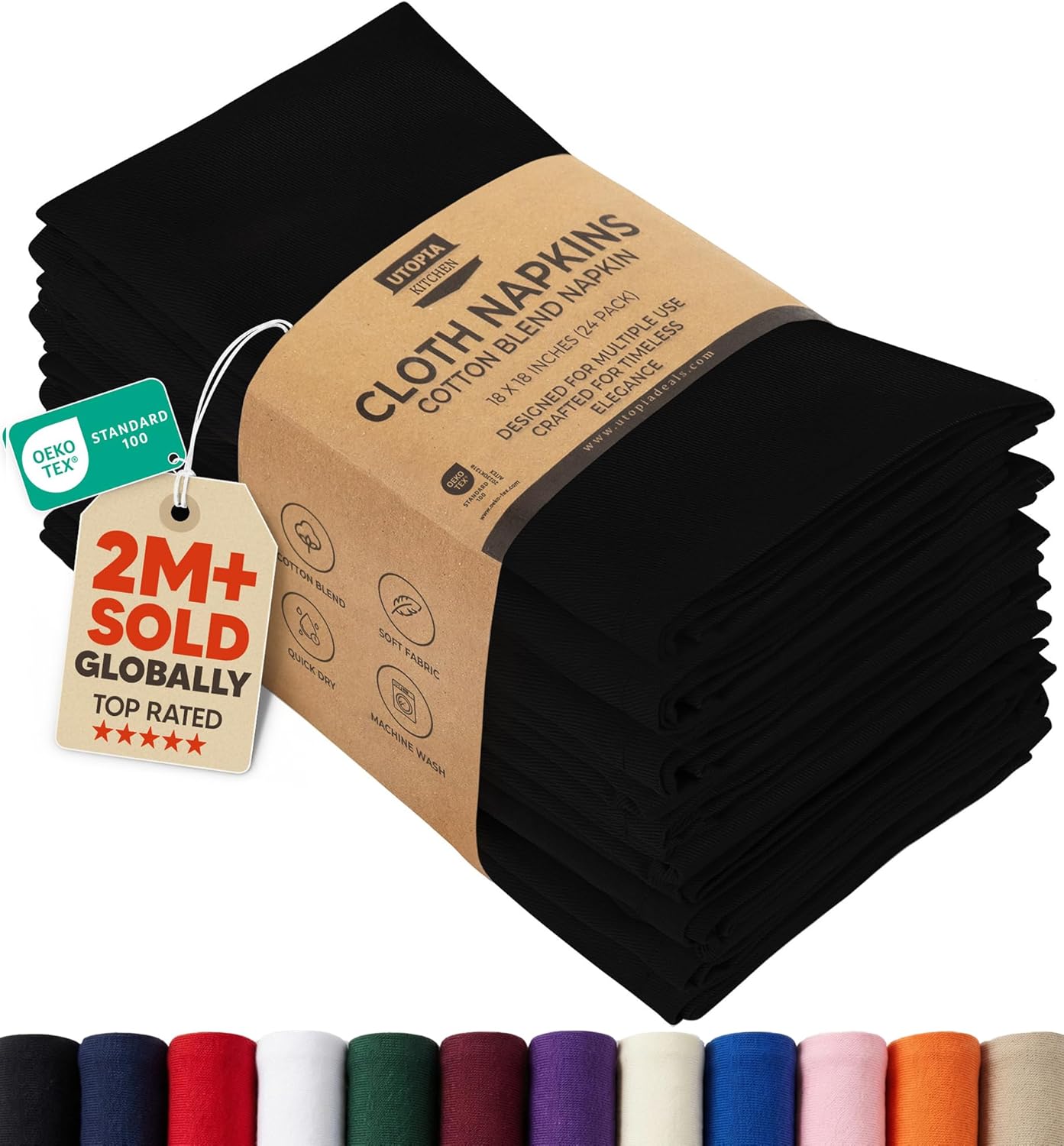 Servilletas de Tela Utopia Kitchen Negras [Pack de 12, 45x45 cm]