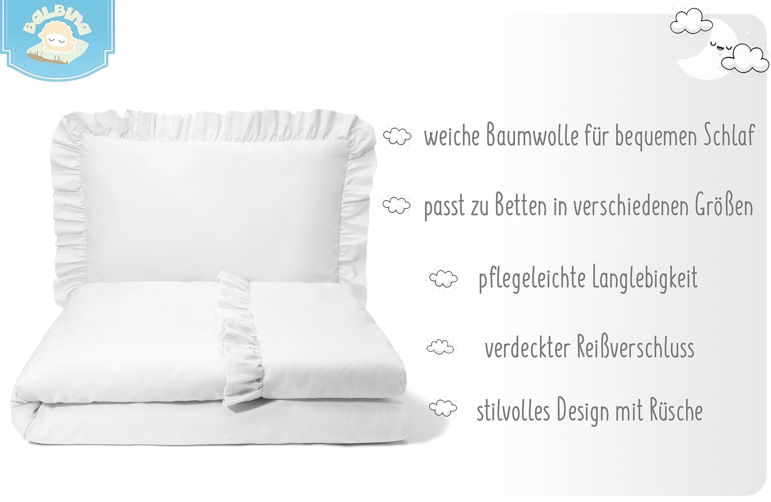 balbina Biancheria da letto per bambini, in cotone, 2 pezzi, con volant e cerniera, copripiumino 100 x 135 cm e federa 60 x 40 cm, colore: bianco