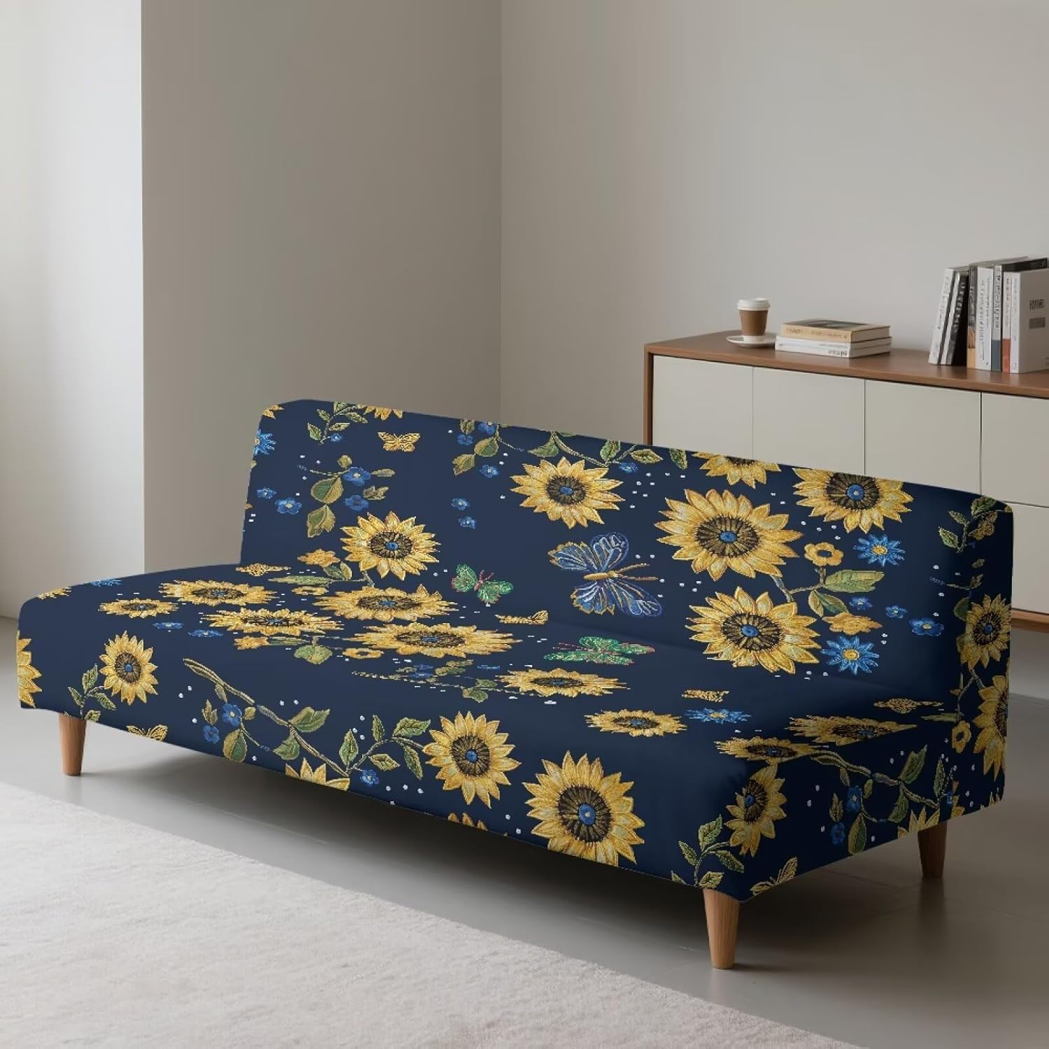 Sunflower Butterfly Stretch Armless Futon Cover Futon Slipcover Couch Cover Futon Sofa Bed Cover Furniture Protector with Elastic Bottom, Machine Washable