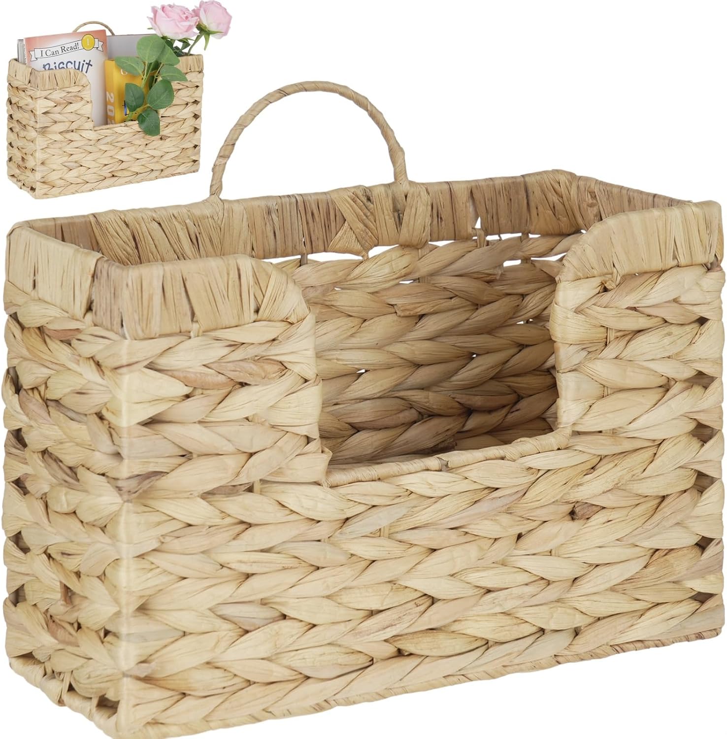 Water Hyacinth Wall Magazine Holder, Handwoven Natural Woven Storage Basket with Metal Frame, Hanging Mail Files Organizer for Living Room Entryway Office