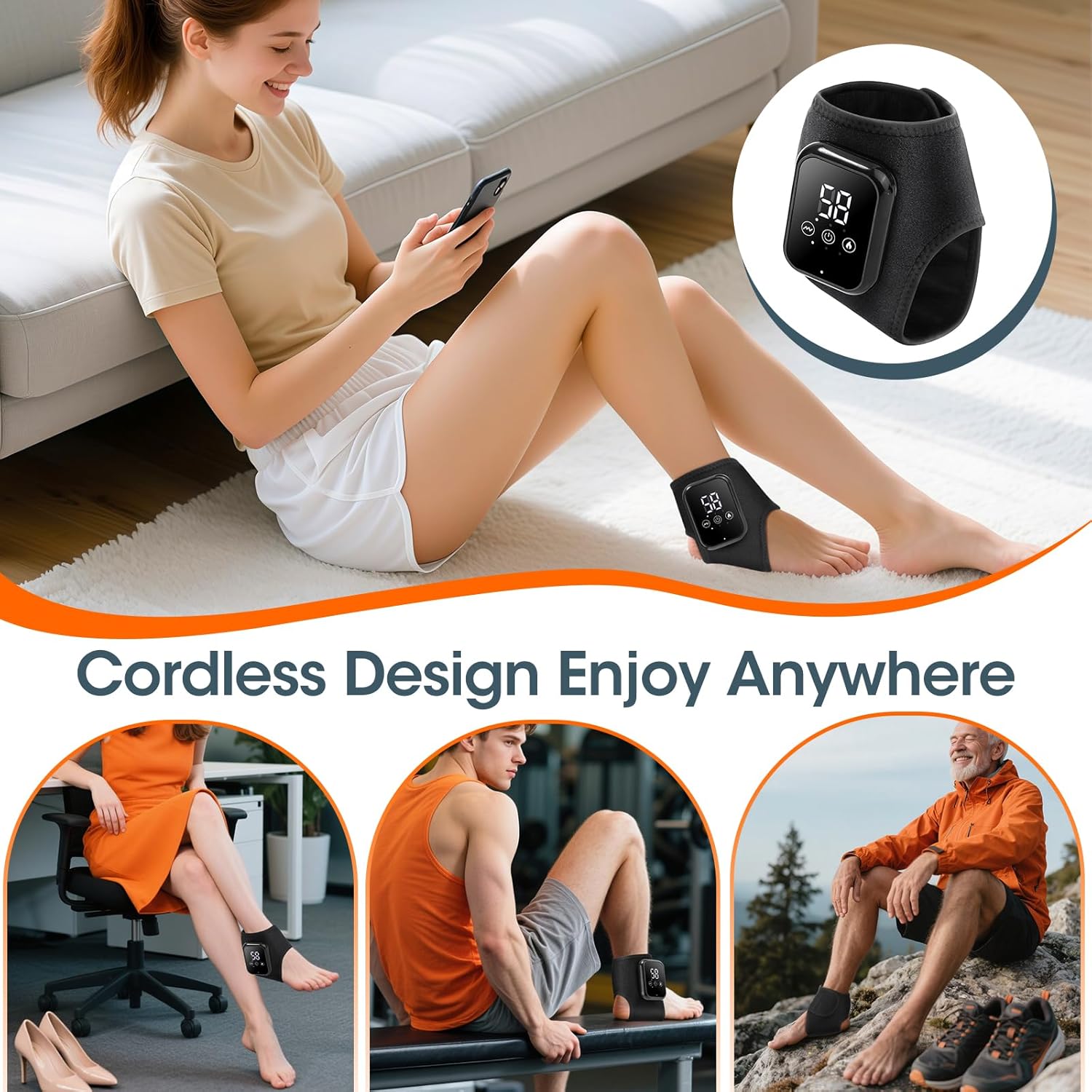 Ankle Heating Pad, Cordless Ankle Massager for Pain Relief, Heated Foot Brace Wrap with 3 Temperature Levels and 3 Vibration Modes for Men and Women, Auto Shut Off