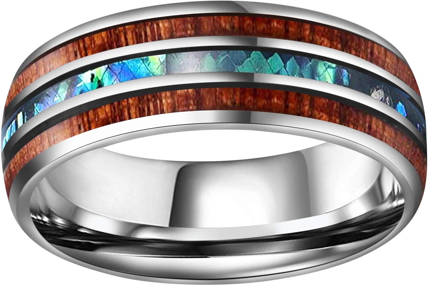 CROWNAL 4mm 8mm Rare Koa Wood/Abalone Shell/Genuine Crushed Fire Opal Inlay Tungsten Carbide Ring Men Women Wedding Band High Polished Engraved I Love You Size 7 To 17
