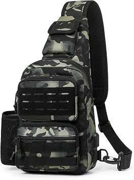 HUNTVP Sling Bag with Water Bottle Holder for Men Women, MOLLE Tactical Water Resistant Chest Bag with USB Port, Lightweight Crossbody Shoulder Backpack for Travel, Hiking, Cycling