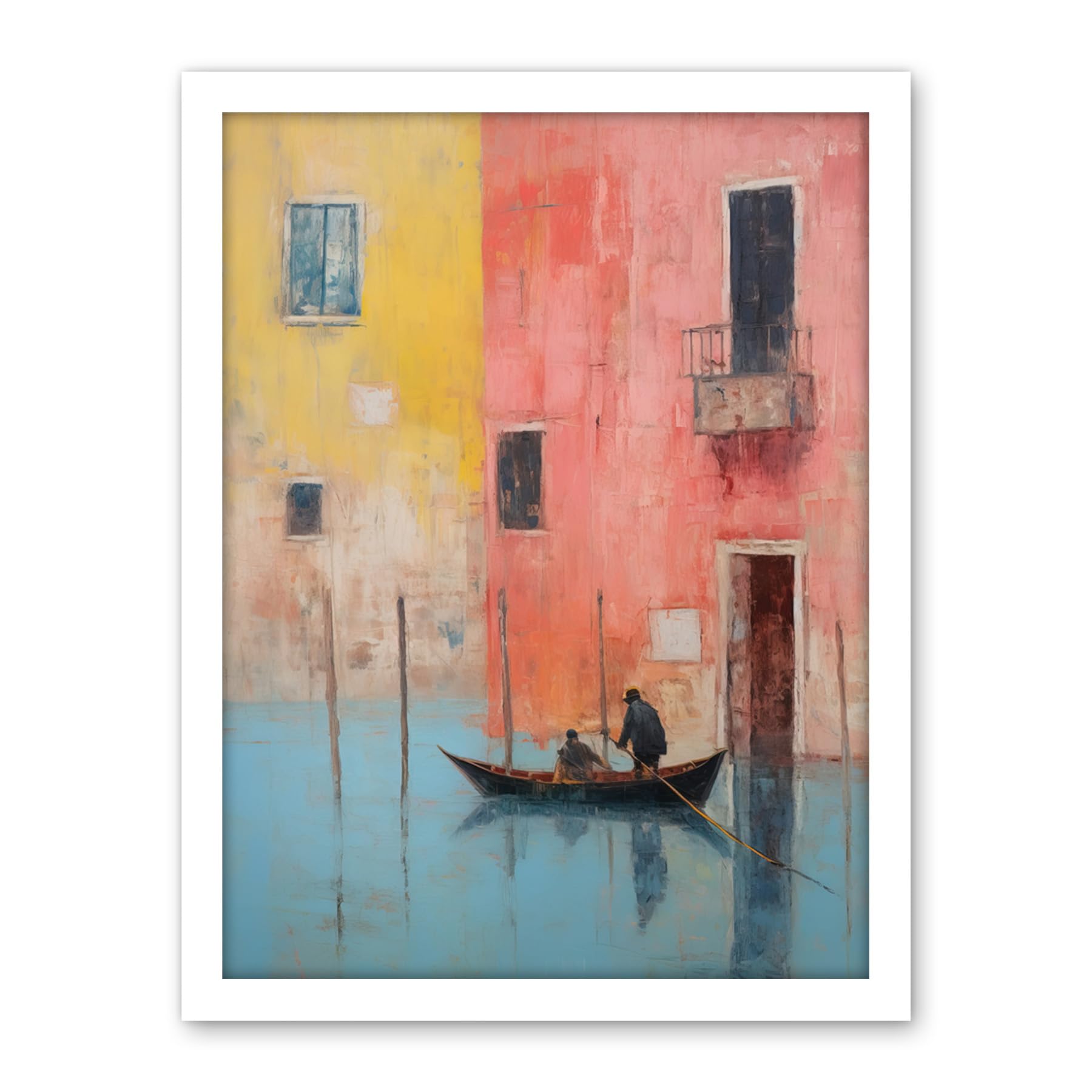 Artery8 Venice Canal Gondola Ride Oil Painting Blue Pink Yellow Pastel Colour Rower Boat on River Artwork Framed Wall Art Print 18X24 Inch