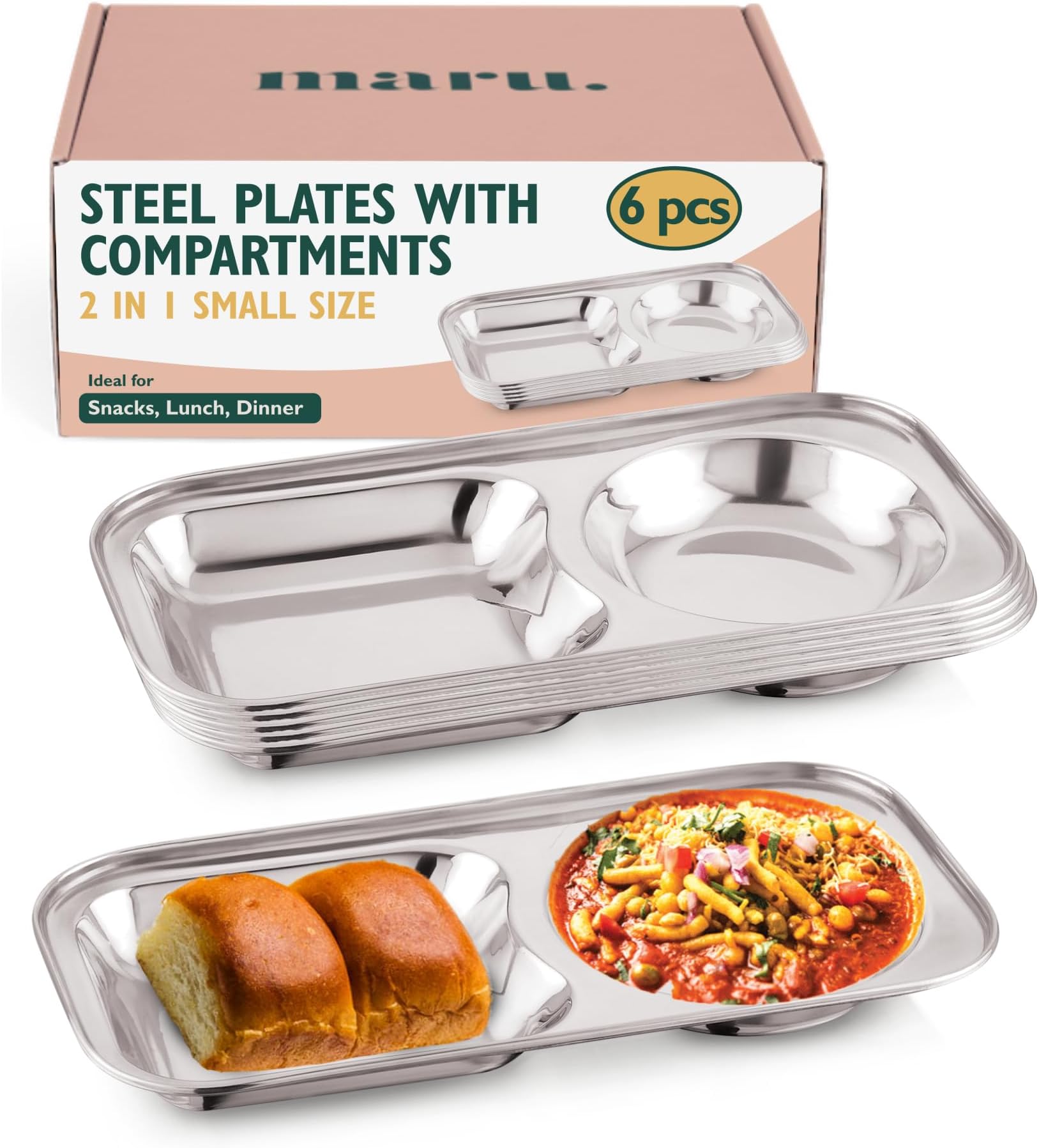 Stainless Steel Tableware Compartment Plates | Creative Shapes Plates with Separators | Partition Mess Tray Set | (2 in 1 Rectangle, 21cm - Set of 6)