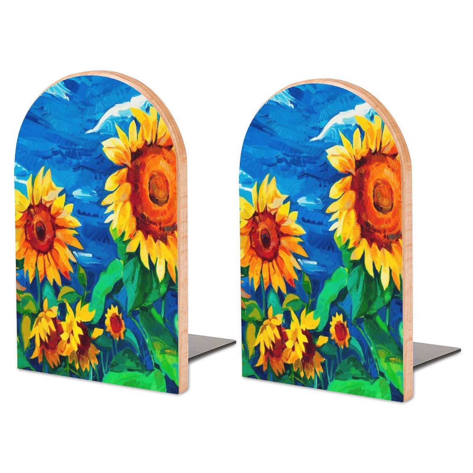 Sunflowers Painting Bookends Heavy Duty Book Stand 1 Pair for Home Office Shelves Decorative