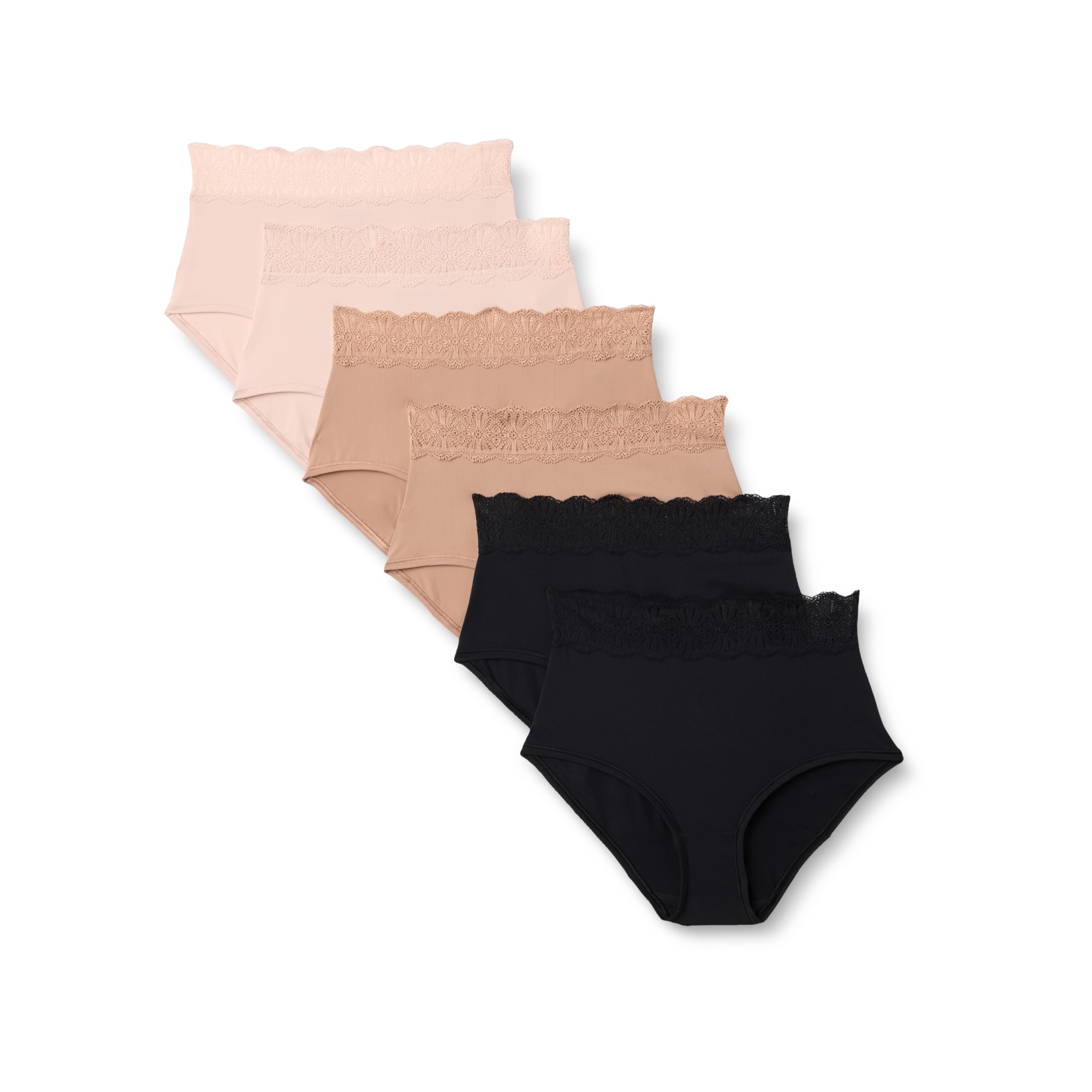 Amazon Essentials Damen Damenhöschen aus Mikrofaser mit Spitzenbesatz in den Ausführungen Bikini, Boyshort, Tanga und Full Brief, 6er Pack, Gewaschene Bronze/Helles Blütenblatt/Schwarz, 38