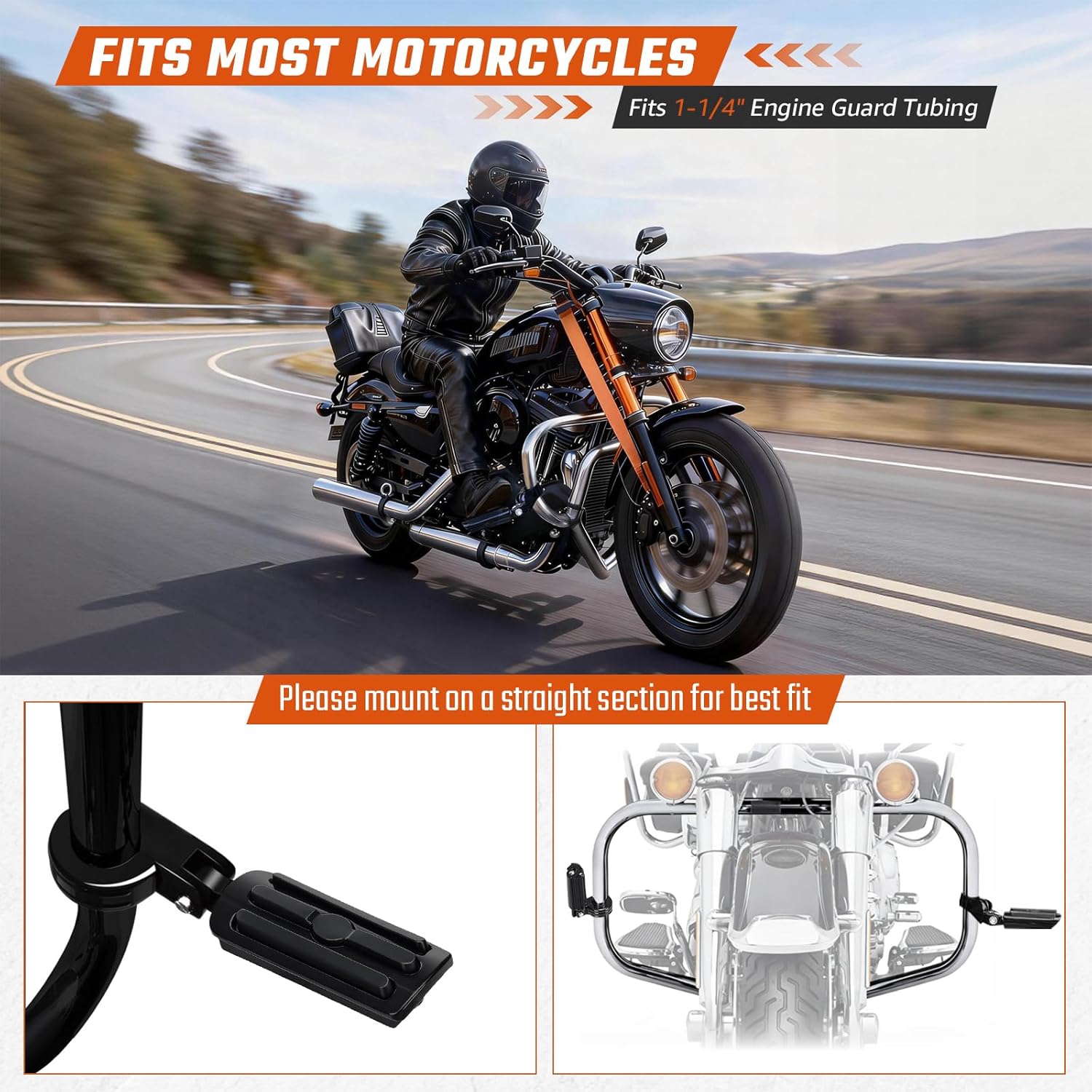 1.25" Highway Footpegs for Harley Touring Softail Dyna Sportster, Adjustable 360° Rotatable Black Motorcycle Foot Pegs, Fits 1-1/4" Engine Guard, 90° Foldable Fit for Honda Kawasaki Yamaha Indian