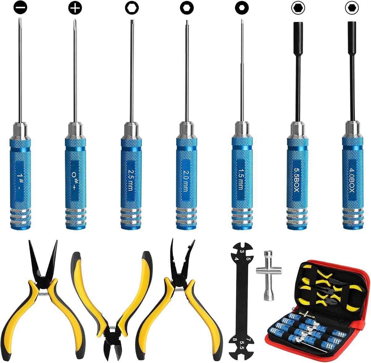 12Pcs RC Tools Kit W/Hex, Phillips, Flat Screwdriver & Plier Socket Wrench | Hobby Tools Kits for Traxxas Arrma RC Car Drone Airplane Helicopter Vehicle Multirotors Models Repair Tool (Blue)