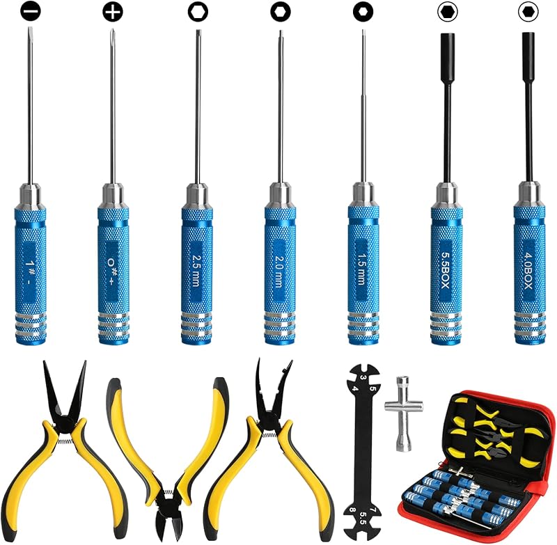 12Pcs RC Tools Kit W/Hex, Phillips, Flat Screwdriver & Plier Socket Wrench | Hobby Tools Kits for Traxxas Arrma RC Car Drone Airplane Helicopter Vehicle Multirotors Models Repair Tool (Blue)