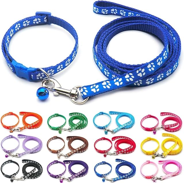 Doggie Style Store Small Dog Puppy Pet Cat Kitten Collar and Lead Set Pawprint Design Nylon with Bell Adjustable Quick Release Clip Leash Blue
