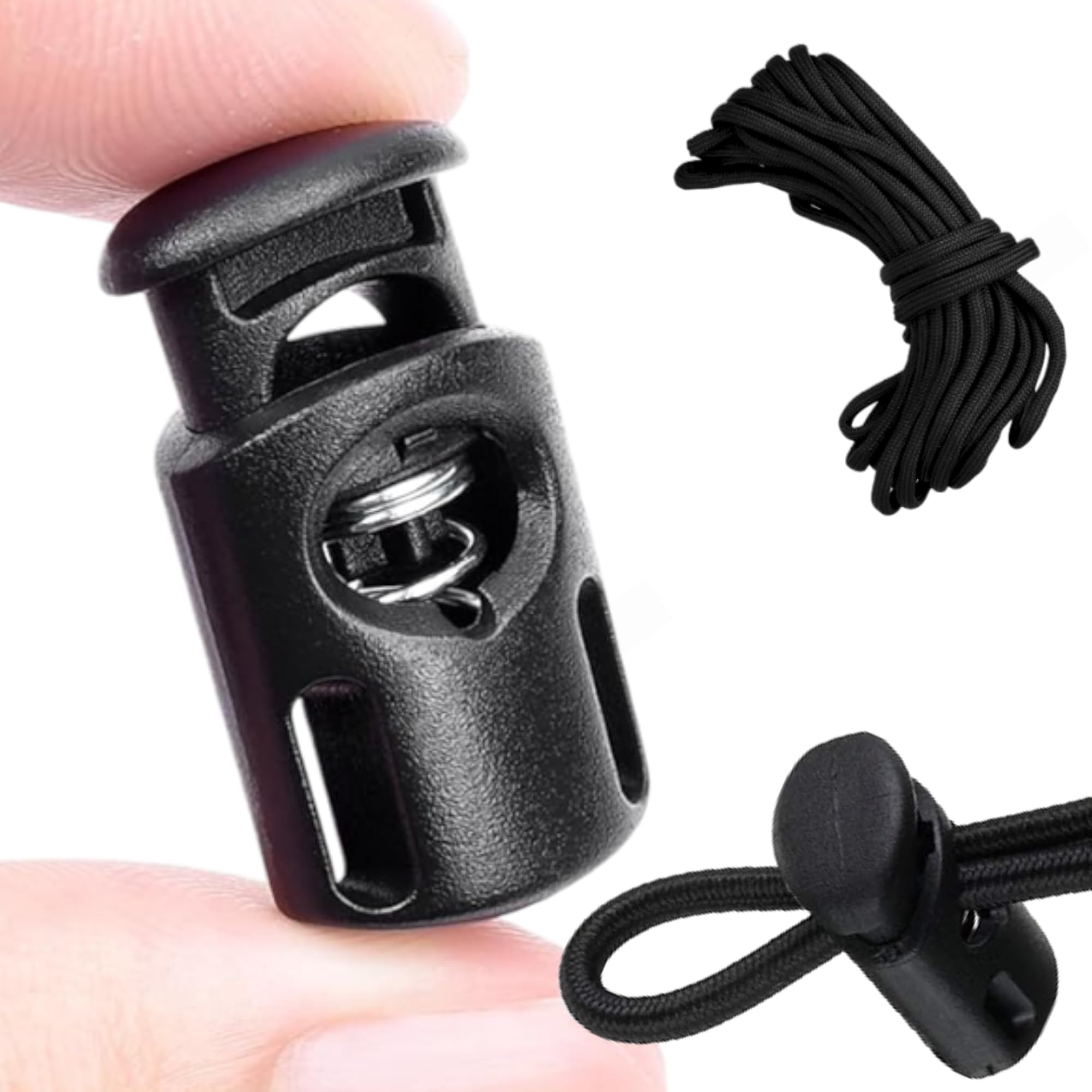 25 pcs Cord Locks Spring Toggle Stopper + 10 Meter Cord Stretch String for Drawstring, Shoelaces, Clothing, Backpack, Bags (Black)