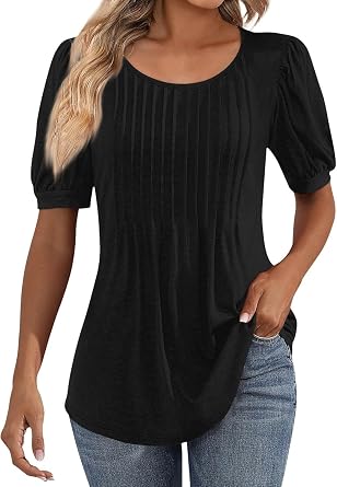 Womens Pleated Summer Tops Puff Short Sleeve Scoop Neck Dressy Blouses Solid Casual Loose Tunic T Shirts