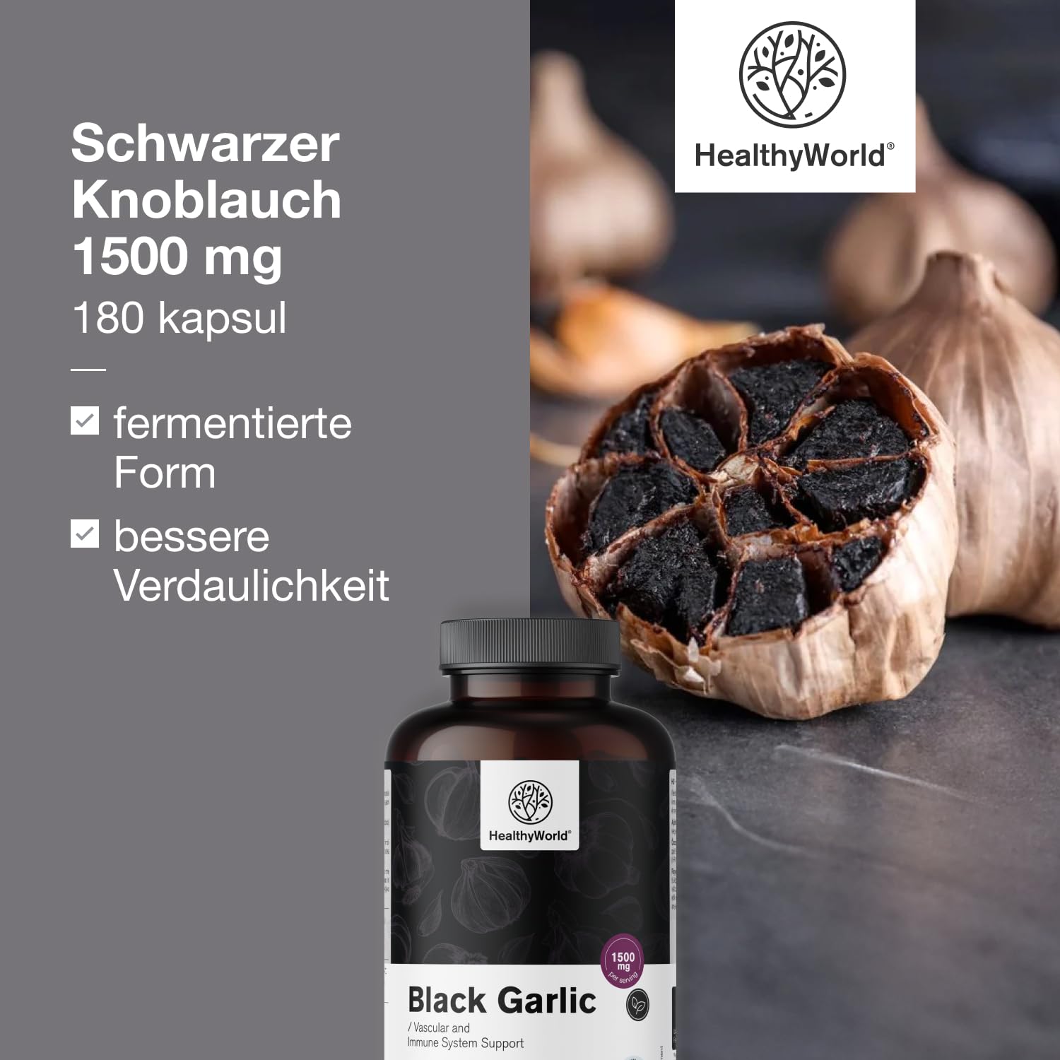 HealthyWorld Schwarzer Knoblauch 1500 mg - 180 Kapseln - Knoblauchextrakt 25:1-20% Polyphenole - Ohne Geruch und unangenehmen Geschmack- Für mehr als 3 Monate - Für das Immunsystem