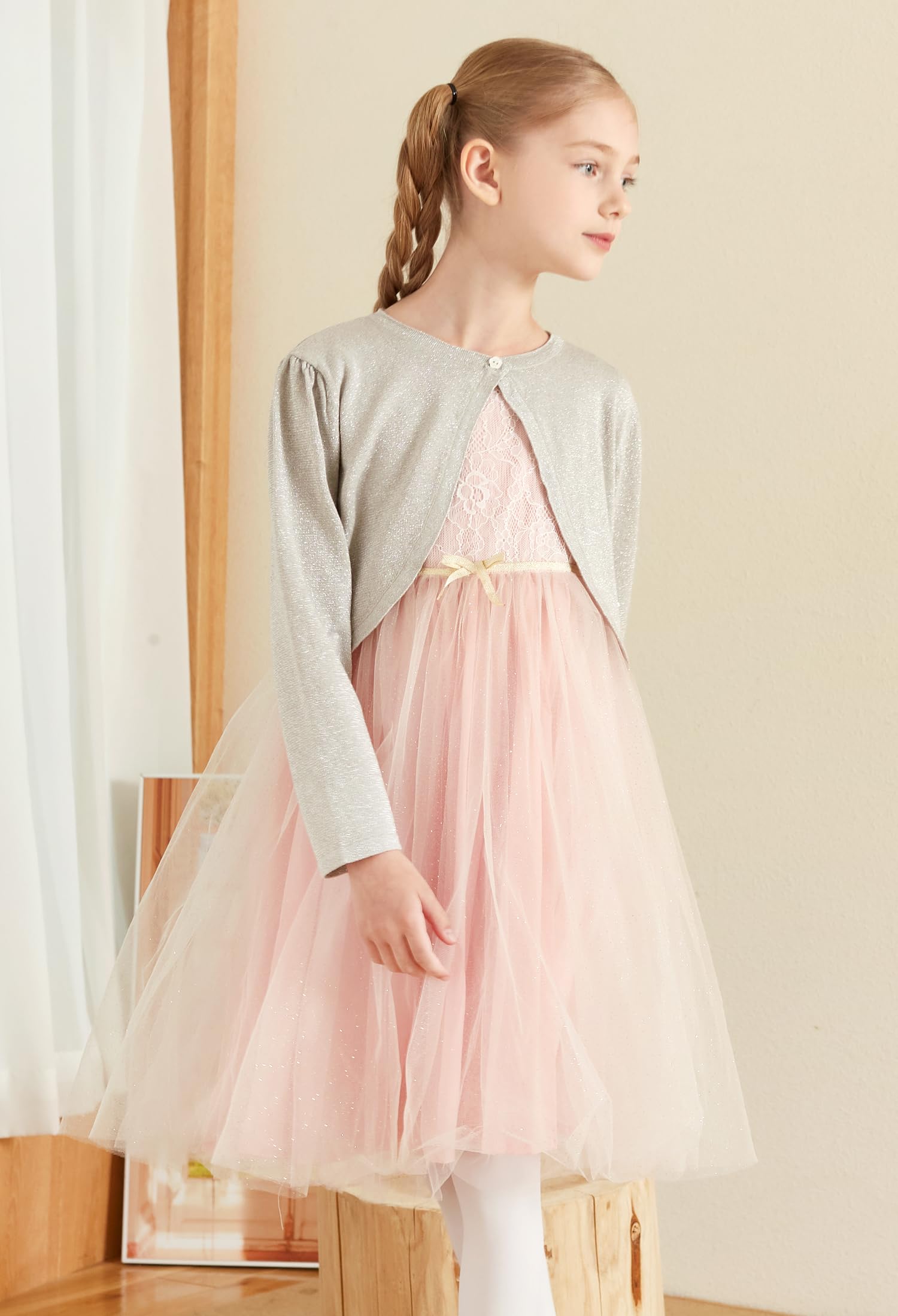 UMELOK ‌Leichter Bolero Mädchen mit Glitzerfäden Langärmlige Strickjacke mit Einzelknopf in Pastelltönen‌