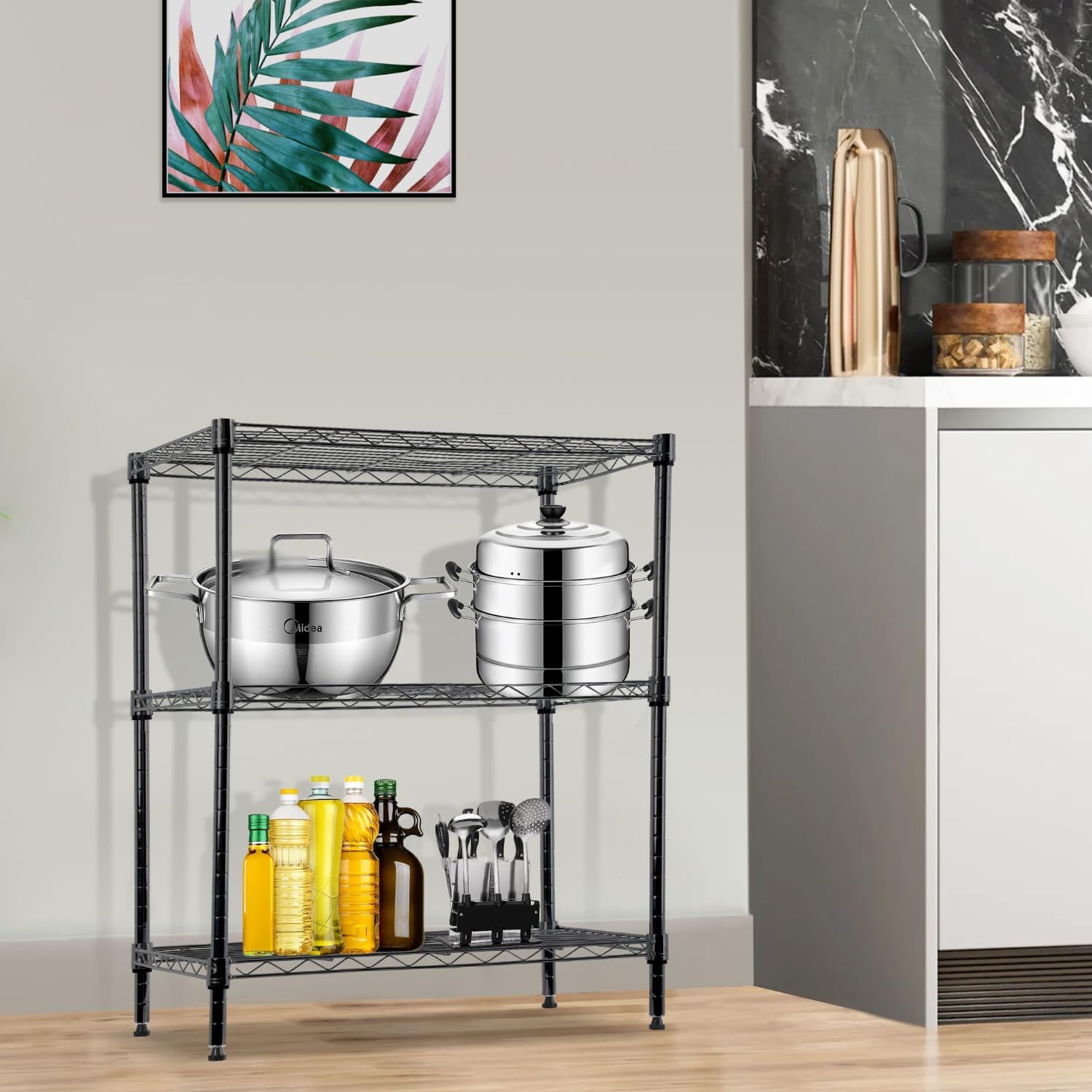 3-Tier Storage Shelves Metal Shelving Units, 450 Lbs Capacity Wire Shelf Storage Rack Utility Shelf with Adjustable Feet, Heavy Duty Shelving Unit for Pantry Garage Kitchen, 24"Lx14"Wx30"H, Black