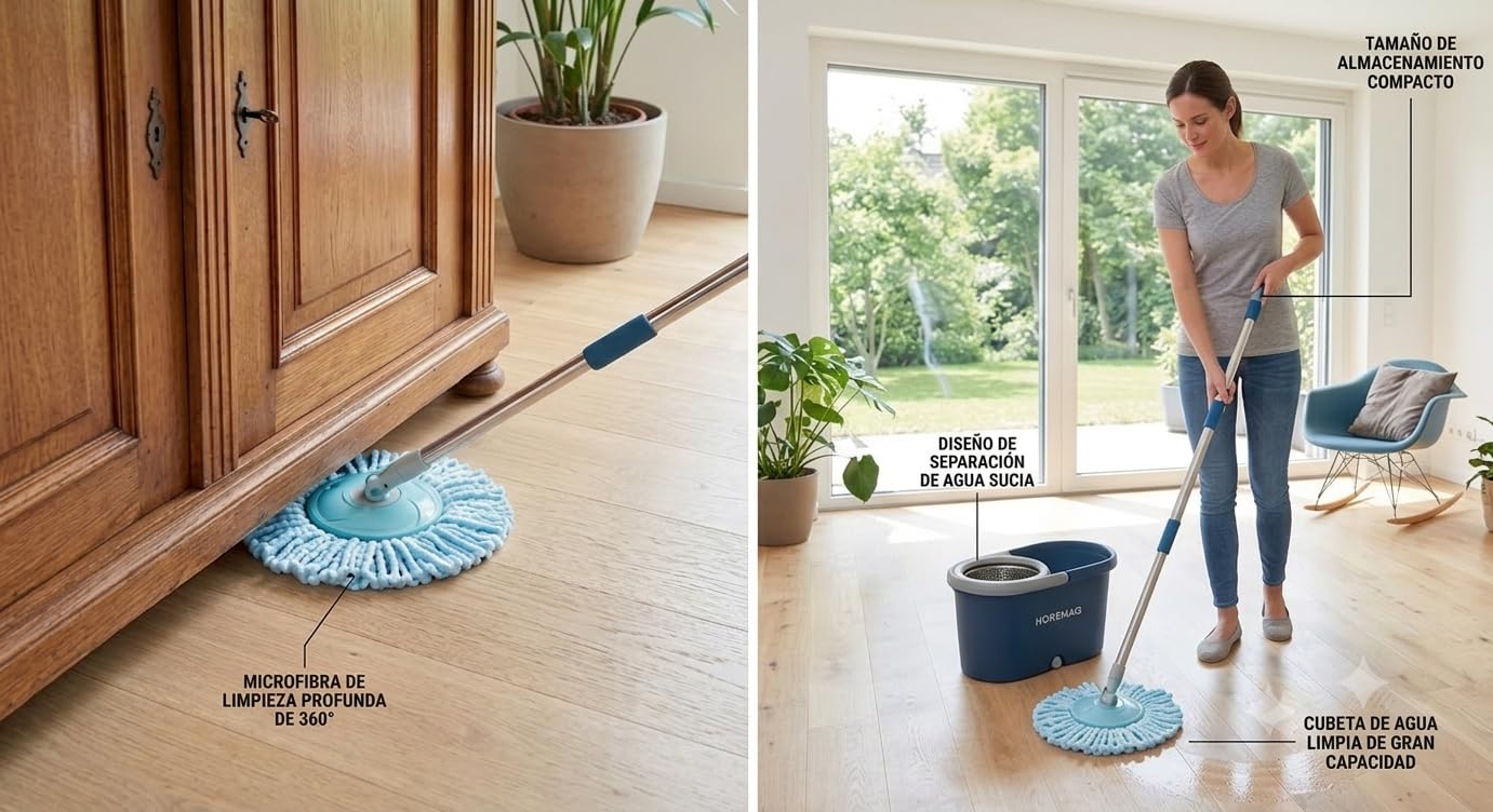 Cubo Fregona y Fregona Giratoria 360° con Escurridor Centrifugado, Mopa con Cubo Escurridor de Microfibra, Sistema de Limpieza para Parquet, Mármol, Laminado y Baldosas, 8,5-9 L