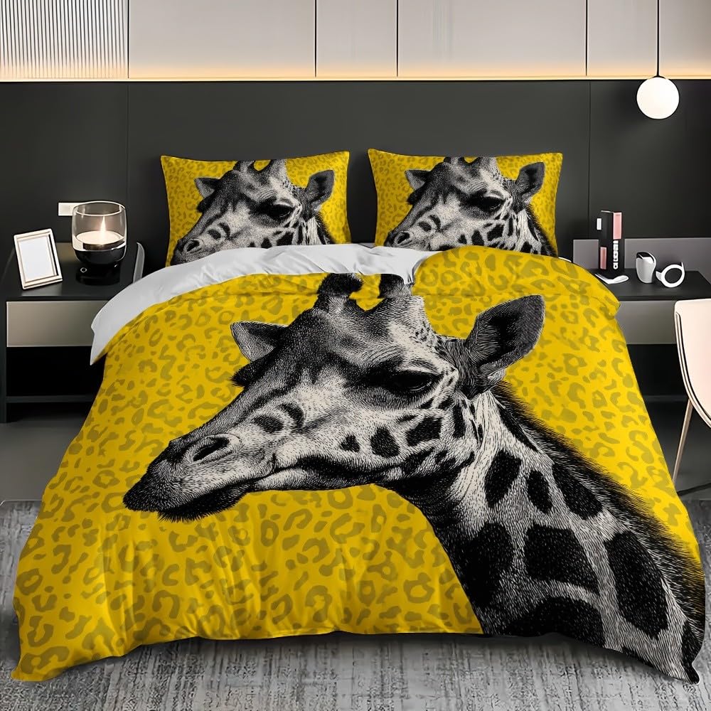 3-częściowy komplet pościeli 200 x 200 cm, żyrafa, kreatywny motyw zwierzęcy, miękka poszewka na kołdrę dla dorosłych, dzieci, żółta poszewka na kołdrę i 2 poszewki na poduszkę 80 x 80 cm, na łóżko