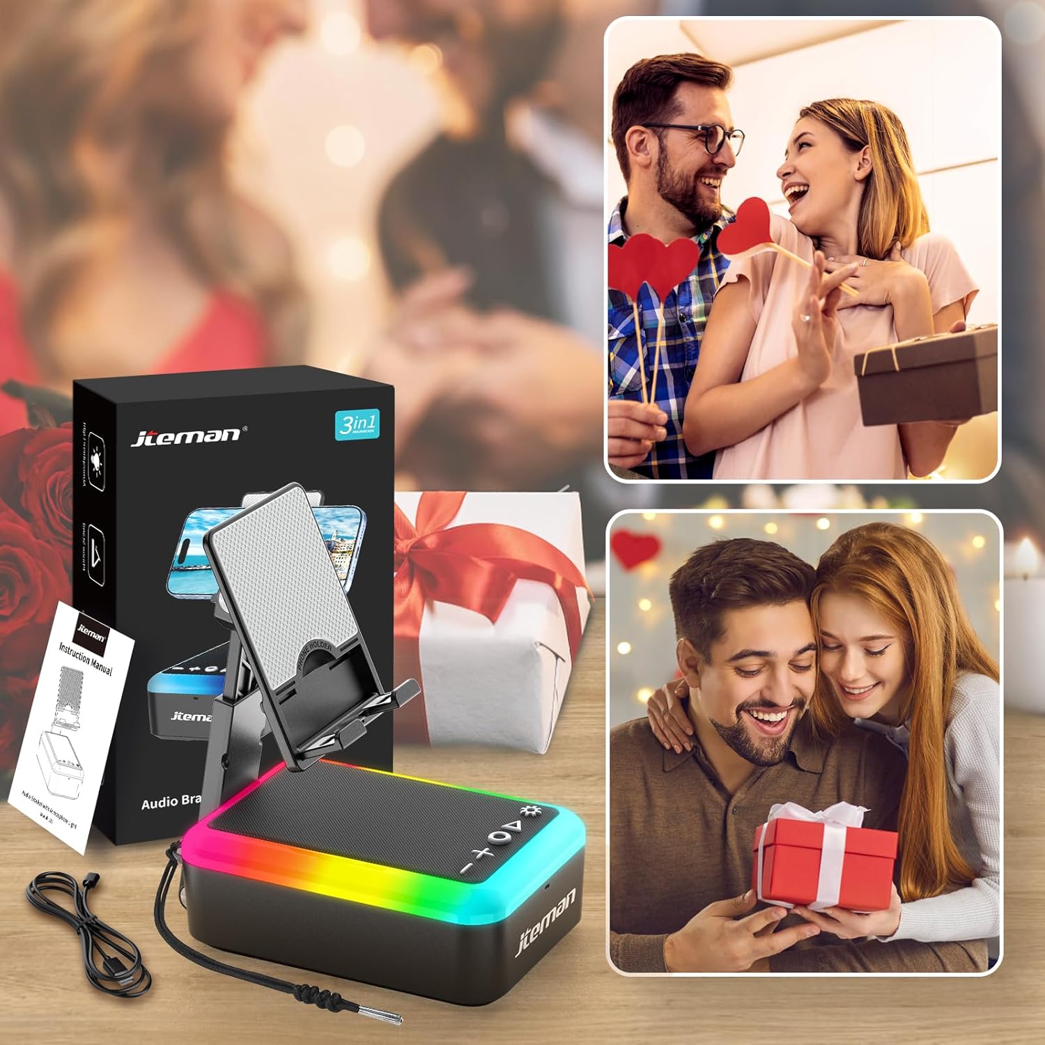 JTEMAN Gifts for Men Women, Cell Phone Stand with Bluetooth Speaker and Light, Portable Lanyard, Cool Tech Gifts for Dad Mom Husband, Unique Birthday Gift Ideas Black - Image 7