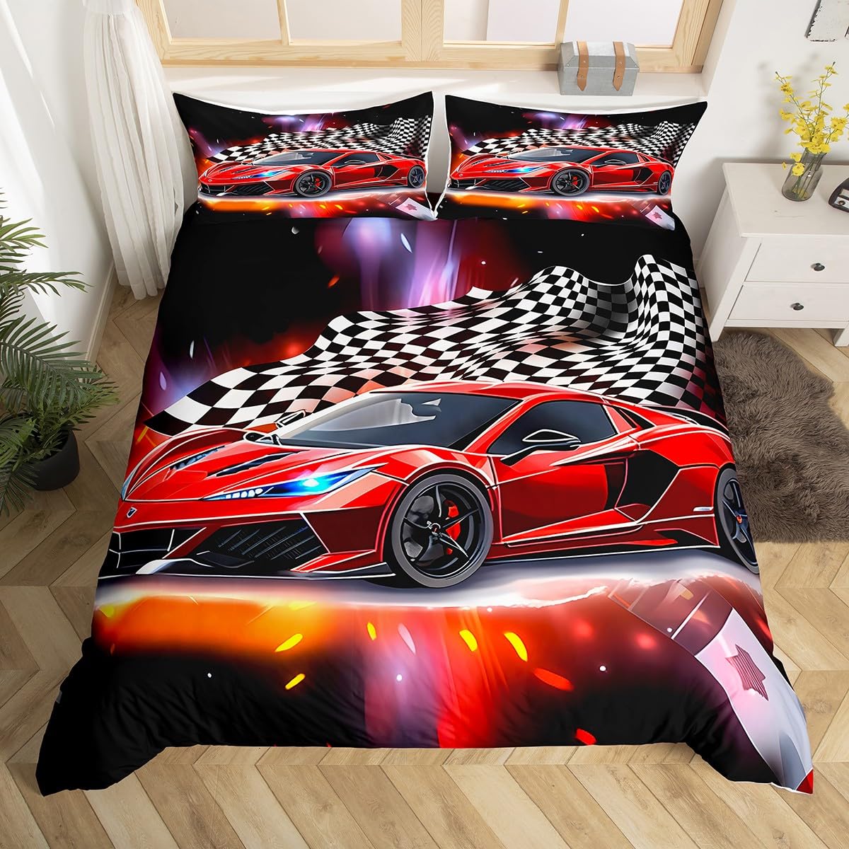 Housse de couette 220x240cm voitures de sport en microfibre rouge Homemissing