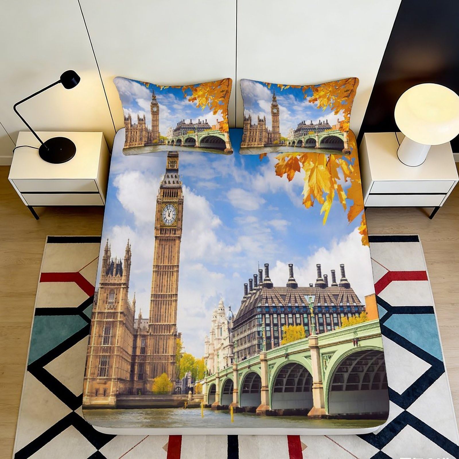 Jqzkxnhpbr Style-6 3D Printed London Cityscape Fitted Sheet Microfiber Autumn Urban Big Ben Bed Cover For Bedroom Dorm Decor 90X200x25cm
