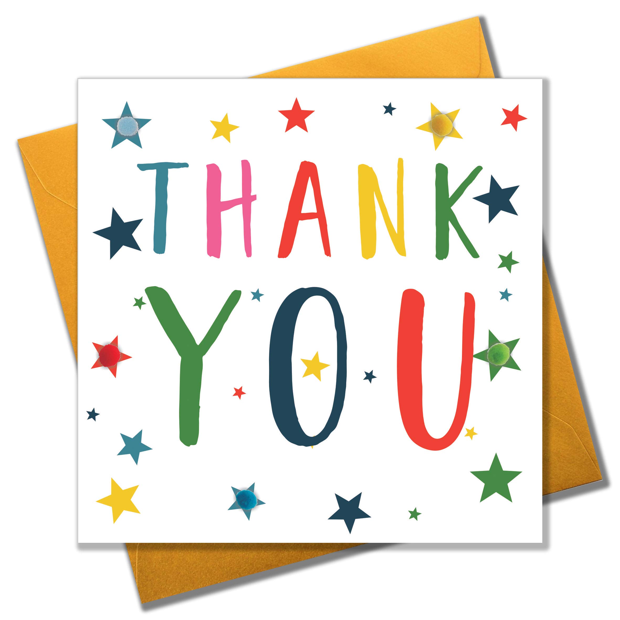 Claire Giles Greeting Cards, Thank You Card, Stars Design Thank You Greeting Card, Embellished with Colourful Pompoms