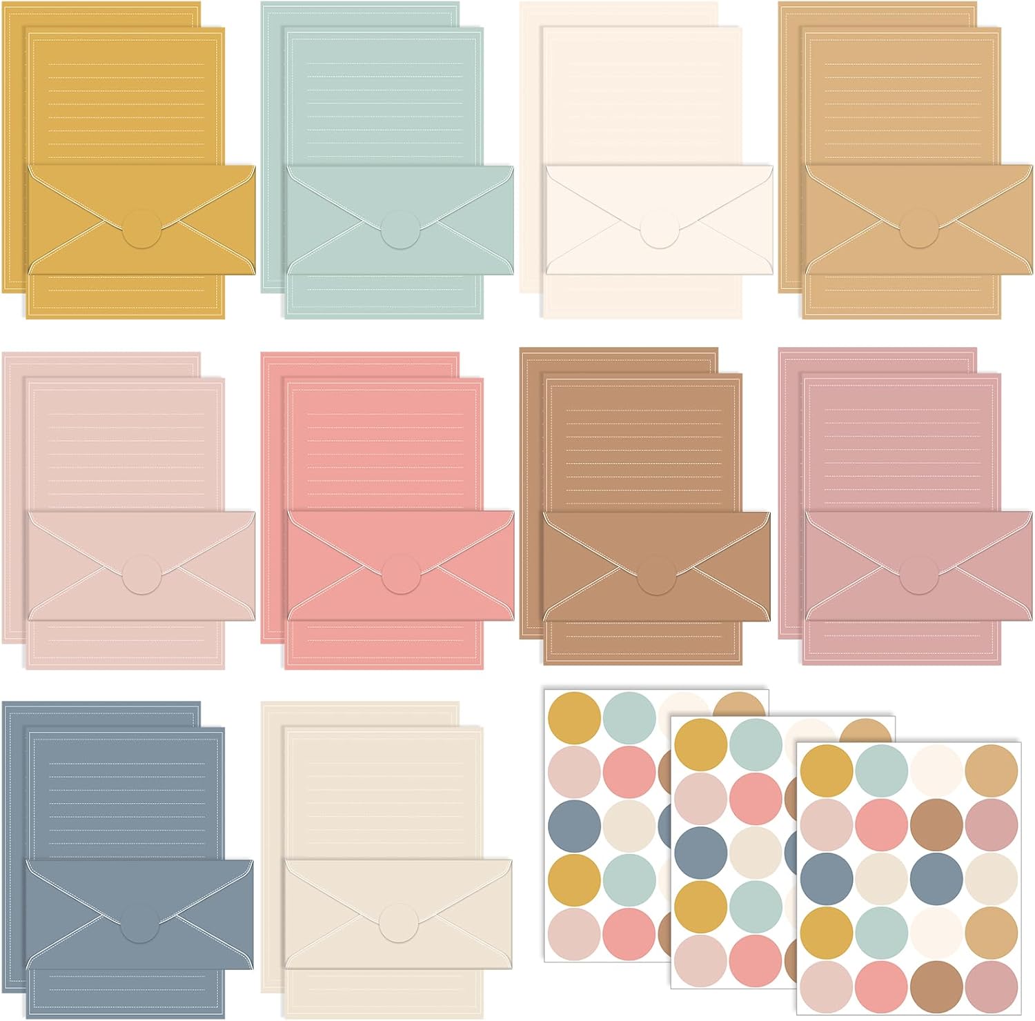 TaoBary 160 Packs Stationery Paper Set (50 Double Sided Stationery Writing Papers 50 Matching Envelopes) 60 Round Dot Sticker, 10 Design(11 x 8.5 Inch,Boho Color)