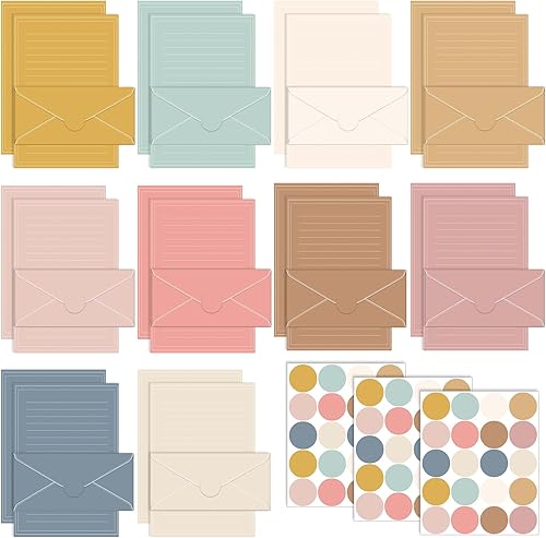 Miniatura 11 de TaoBary Juego de 160 papeles de papelería (50 papeles de escritura de doble cara, 50 sobres a juego), 60 calcomanías de puntos redondos, 10 diseños