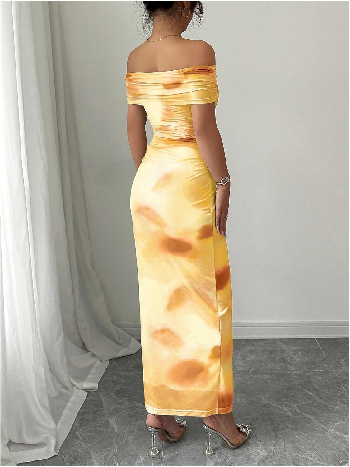 Floerns Women's Mesh Off The Shoulder Dress Ruched Wrap Front Bodycon Maxi Party Dresses - Image 3