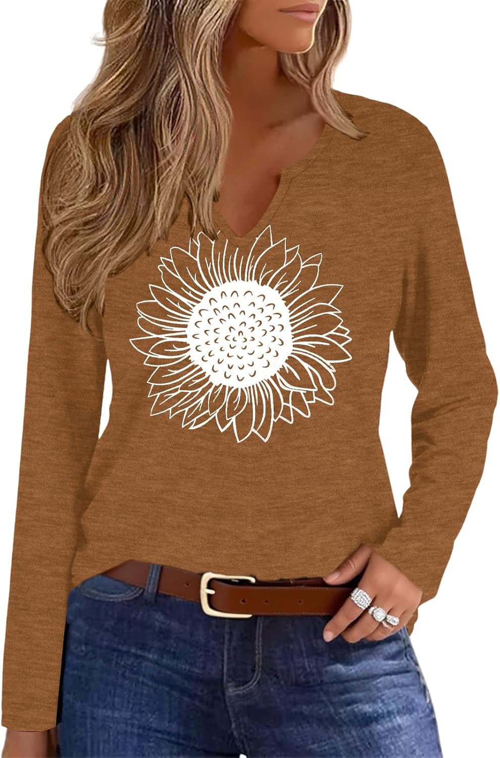 Womens V-Neck Long Sleeve T-Shirt Flower Graphic Tees Fall Fashion Boho Tops Tshirts Loose Casual Western Country T Shirts