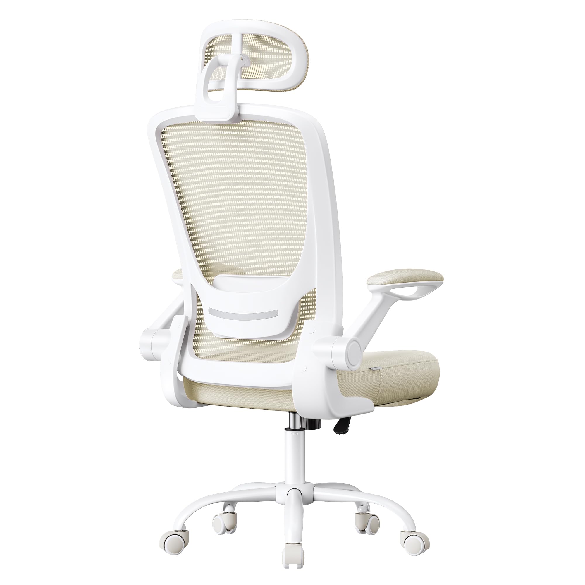 SONGMICS Office Chair, Mesh Swivel Chair, Ergonomic Lumbar and Head Support, Tilt Function, Wide Seat, Foldable Armrests, for Office Bedroom, Cappuccino Beige UOBN047K01